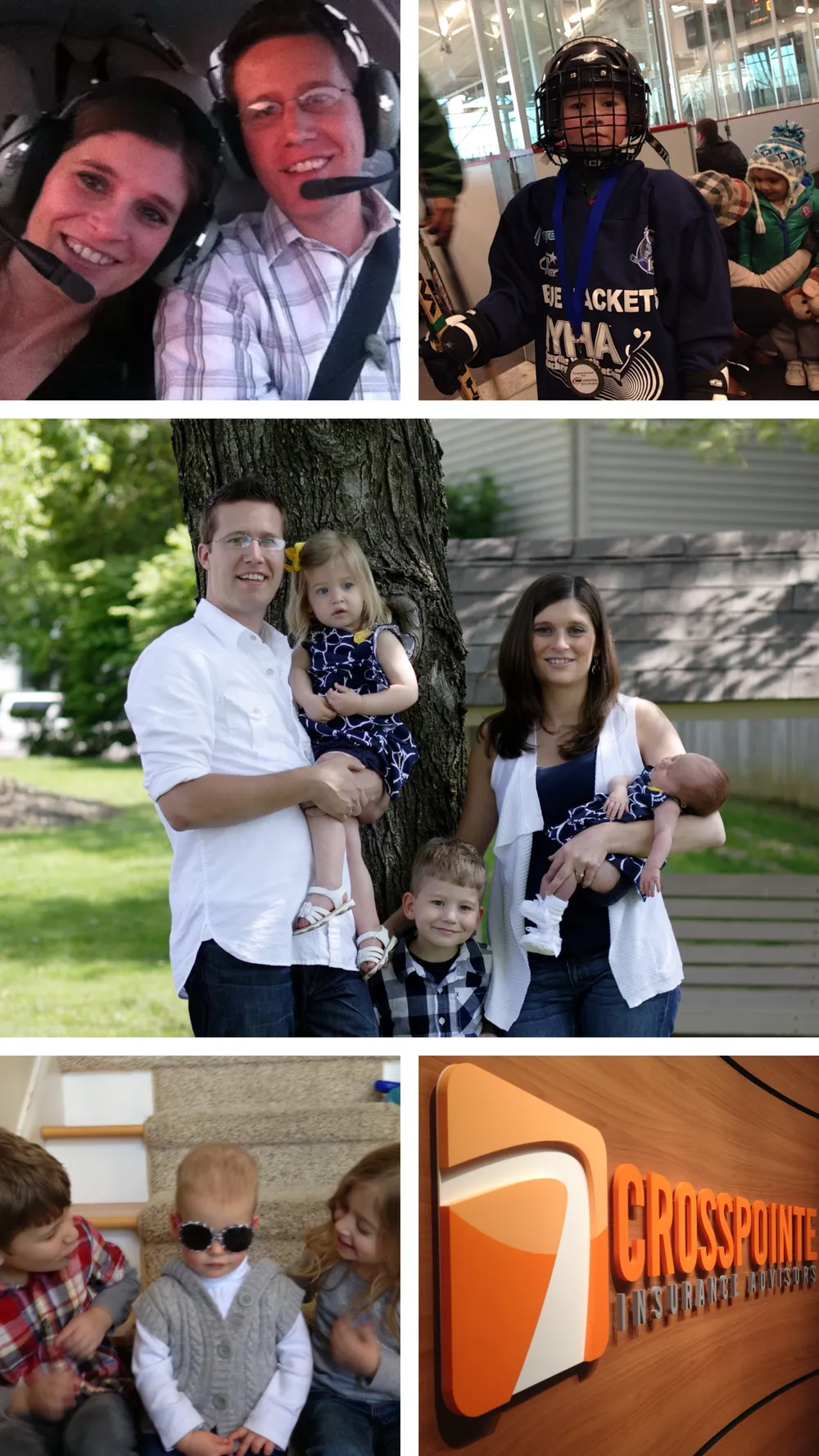 Six photographs from the middle years: Josh and Emily in headsets in a small aircraft, a child in full hockey kit at the rink, a family portrait by a tree with a toddler, a small boy and a newborn, three little ones on the stairs, and the Crosspointe Insurance Advisors sign