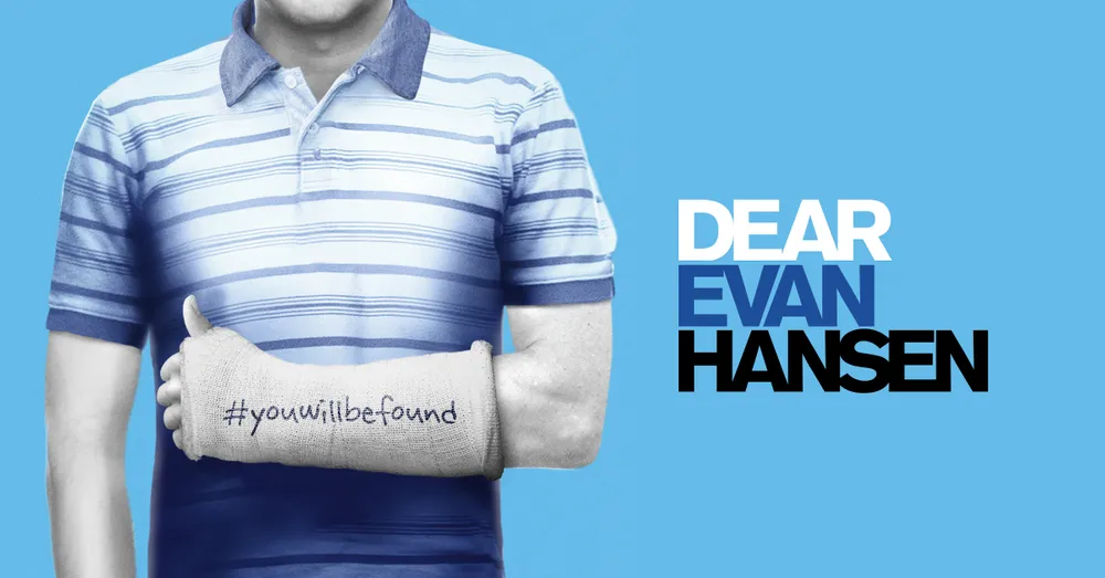 The Dear Evan Hansen poster, a striped polo shirt and an arm in a cast signed hashtag you will be found
