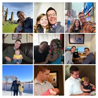 Nine photographs of Evie and Josh: at St Andrews cathedral, cheek to cheek dressed up, in Times Square, Josh holding her as a baby on the sofa, her hair full of ribbons, the two of them at the desk, on the ice rink, Josh holding her as a newborn, and reading together