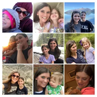 Nine photographs of Evie and Emily across seventeen years: bundled up together in the cold, cheek to cheek in pyjamas, by a mirror lake, at sunset, on a river shore, as a toddler with a purple bow, above a canyon, as a baby in a daisy dress, and Emily holding her as a newborn