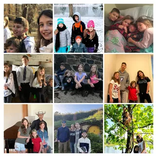 Nine photographs of Evie with her brothers and sister: close to the camera in the woods, all four in the snow, piled on a bed around a newborn, dressed for a recital, on a stone shore, lined up by height, by the piano, outside a hobbit hole, and up a tree