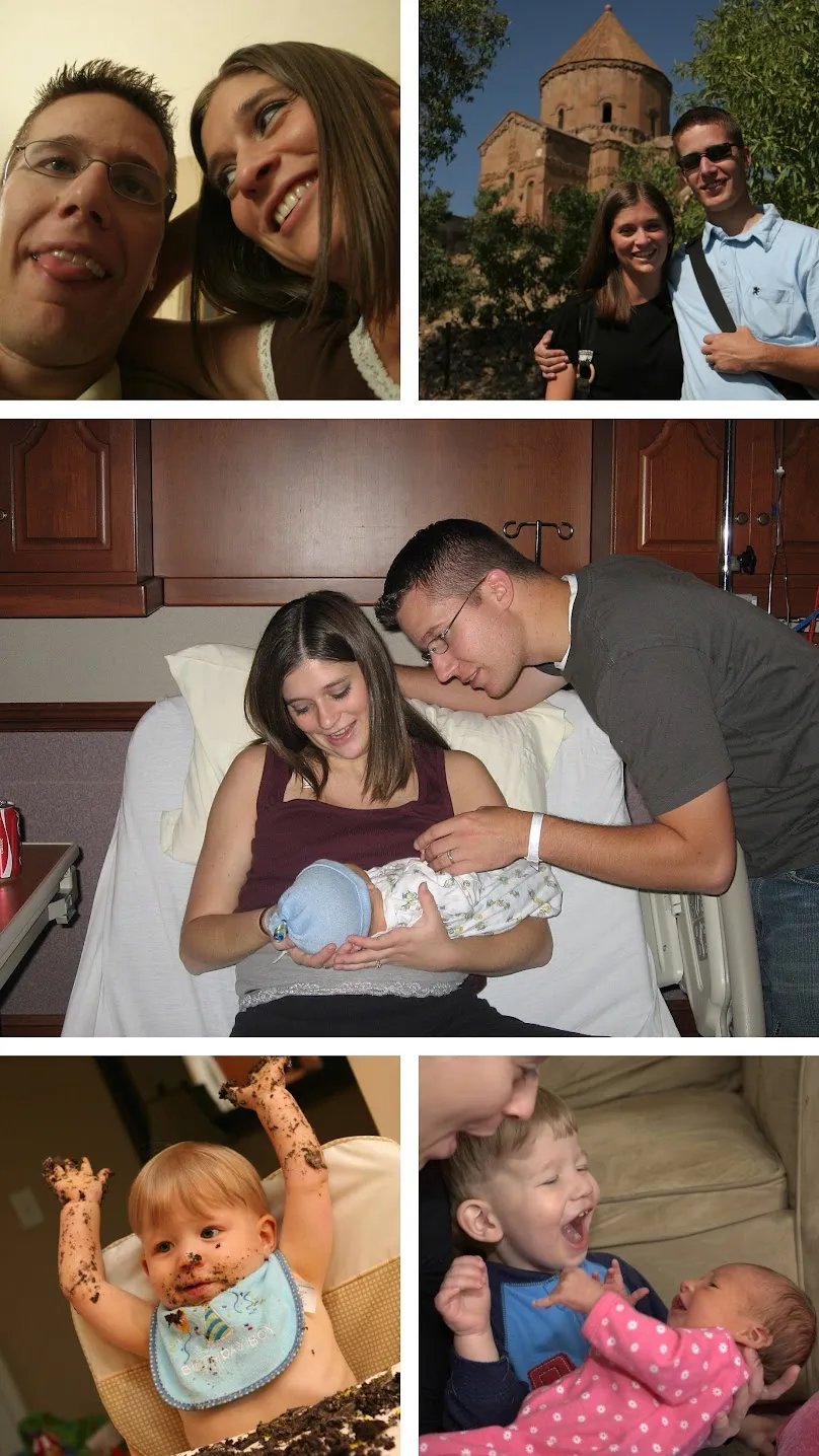 Five early photographs: Josh and Emily pulling faces close to the camera, the two of them on a trip by an old stone church, Emily holding their newborn in the hospital with Josh leaning in, a baby covered in birthday cake with both arms up, and a toddler laughing beside a newborn in pink