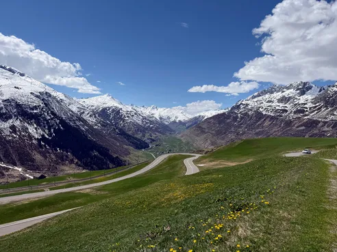 A road and railway winding down a broad alpine valley between snow-covered ranges, dandelions in the meadow in front