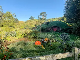 The vegetable garden at Hobbiton with pumpkins and leeks in the foreground, a red round door set into the green hill behind