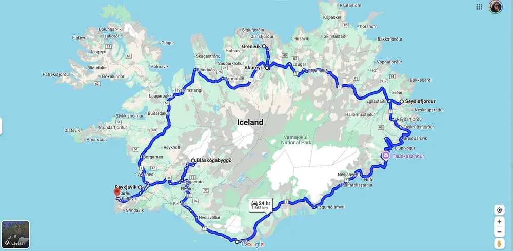 A map of Iceland with the Ring Road route drawn in blue, running from Reykjavik round the island through Seydisfjordur, Akureyri and Grenivik, marked 24 hours and 1,663 kilometres