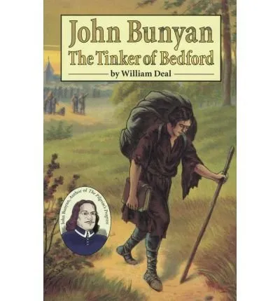 The cover of John Bunyan, The Tinker of Bedford by William Deal, a man with a pack and staff walking a country path