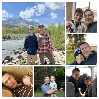 Six photographs of Josh and Preston: the two of them by a Wyoming river, at school in a letterman jacket, in bobble hats in the garden, asleep together when Preston was a newborn, held as a toddler, and both in the cockpit of a small aeroplane