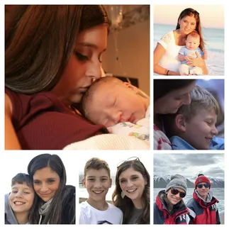 Six photographs of Emily and Preston across eighteen years: holding him as a newborn, on the beach as a baby, leaning together as a boy, cheek to cheek, on the shore as a teenager, and both in flotation suits on the whale watching boat