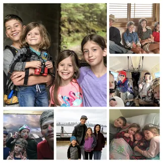 Six photographs of Preston with his brother and sisters: carrying the youngest on a forest trail, all four on a window seat, the four of them in headsets in the aeroplane, in face paint, on the Seattle waterfront, and piled on a bed around a newborn