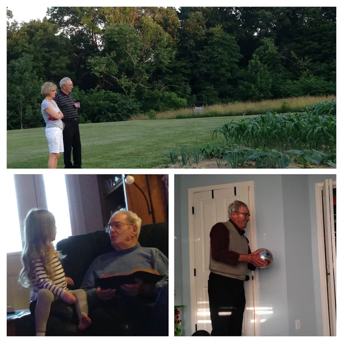 Three photographs of Papaw: standing with Mamaw by the garden at dusk, reading to a granddaughter on his lap, and laughing in a doorway holding a gift