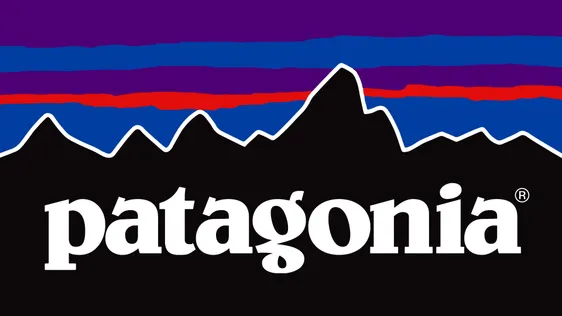 The Patagonia clothing logo, a black mountain skyline against a purple, blue and red sunset