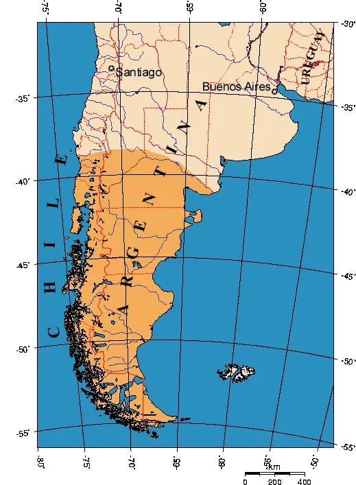 A map of southern Argentina and Chile with the Patagonia region shaded, Santiago and Buenos Aires marked
