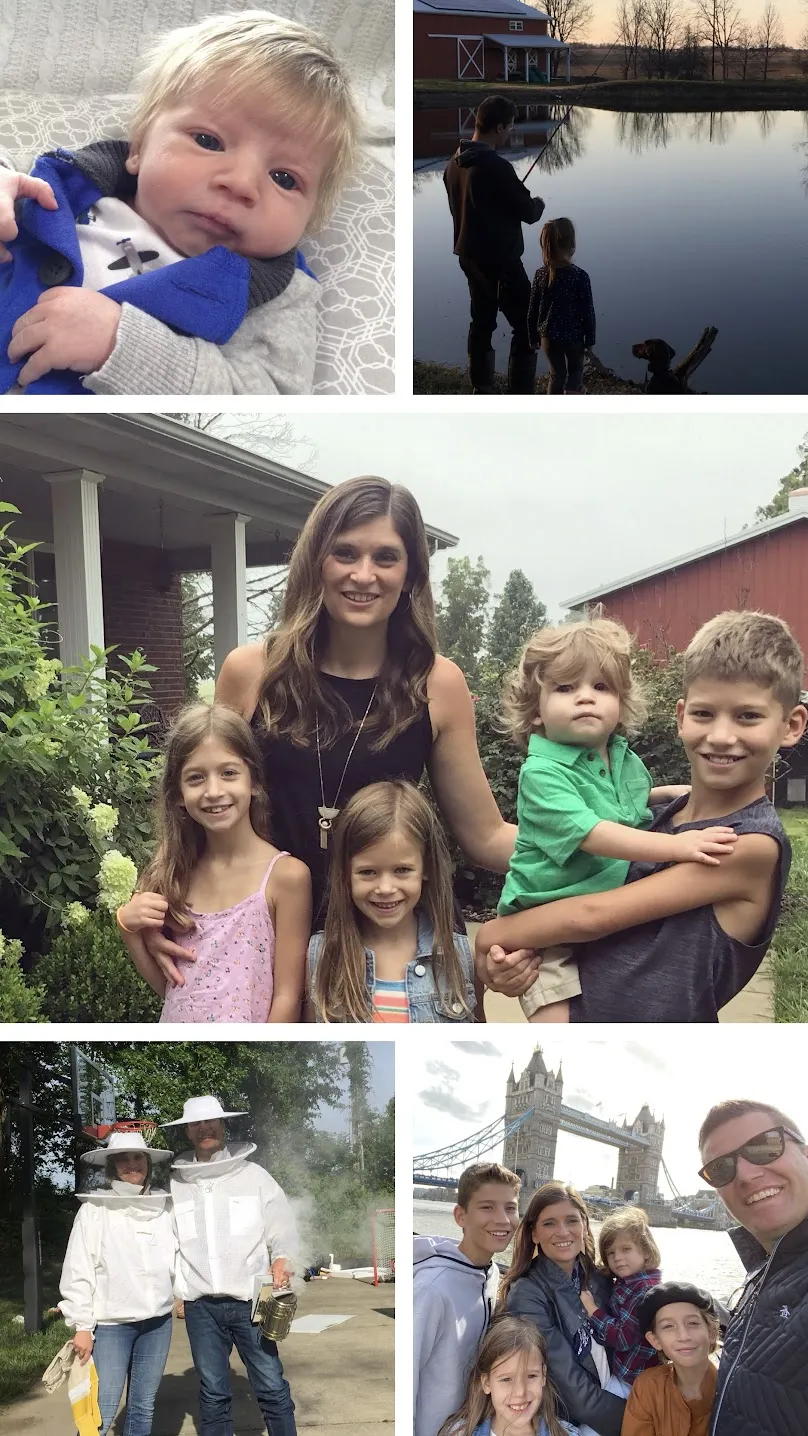 Five photographs: a newborn wrapped in blue, two of the children fishing at the pond at dusk, Emily and the four children outside the house, Josh and Emily in beekeeping suits, and the six of them in front of Tower Bridge