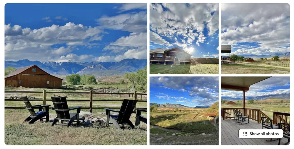 A holiday rental listing showing chairs at a fire pit beside a red barn with the mountains behind, plus the house, the creek and a covered porch