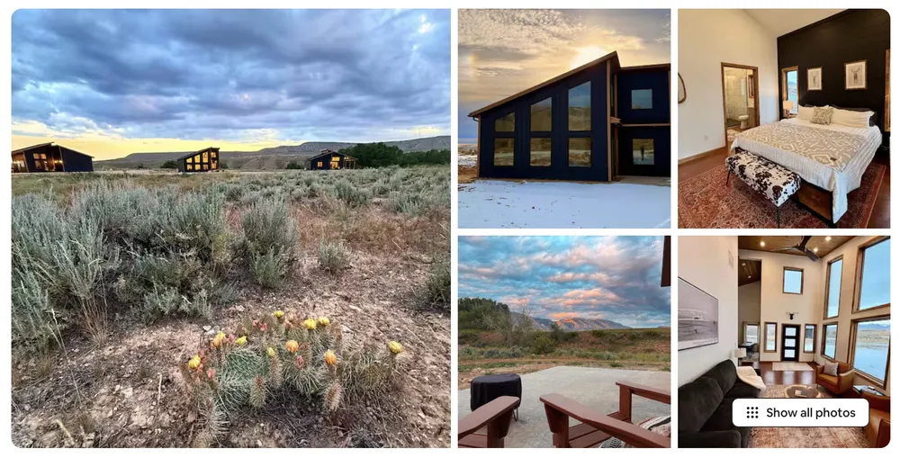 A holiday rental listing for three modern cabins on the sage flats at dusk, with a flowering cactus, a bedroom and a sitting room