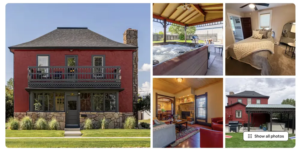 A holiday rental listing for a red brick house with a stone chimney and a first floor balcony, with a hot tub, bedroom and sitting room shown alongside