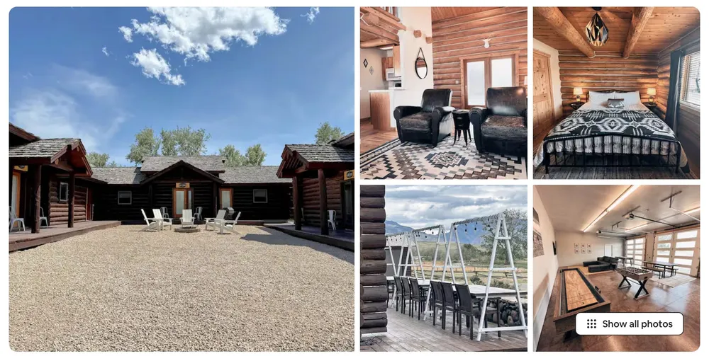 A holiday rental listing for a log cabin with chairs round a gravel fire pit, showing the log walled sitting room, a bedroom, a long deck table and a games room