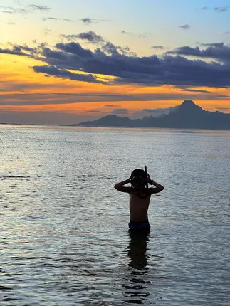 Case waist deep in the lagoon pulling on his snorkel mask, Moorea silhouetted against an orange sunset
