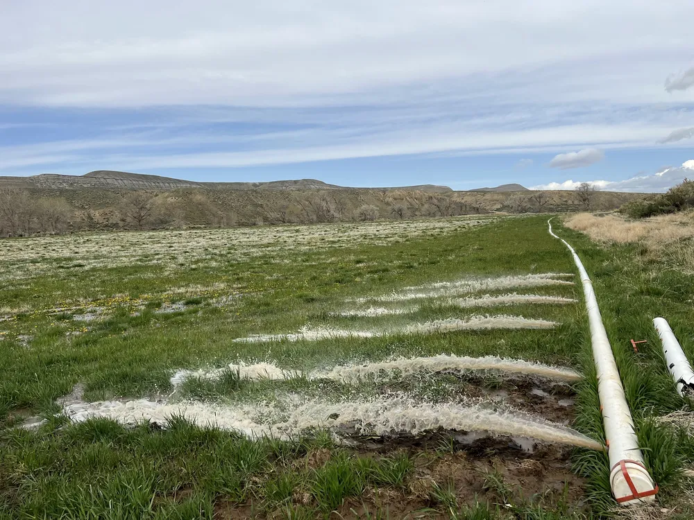 Water surging from the open gates of an irrigation pipe across a green field, bluffs along the horizon