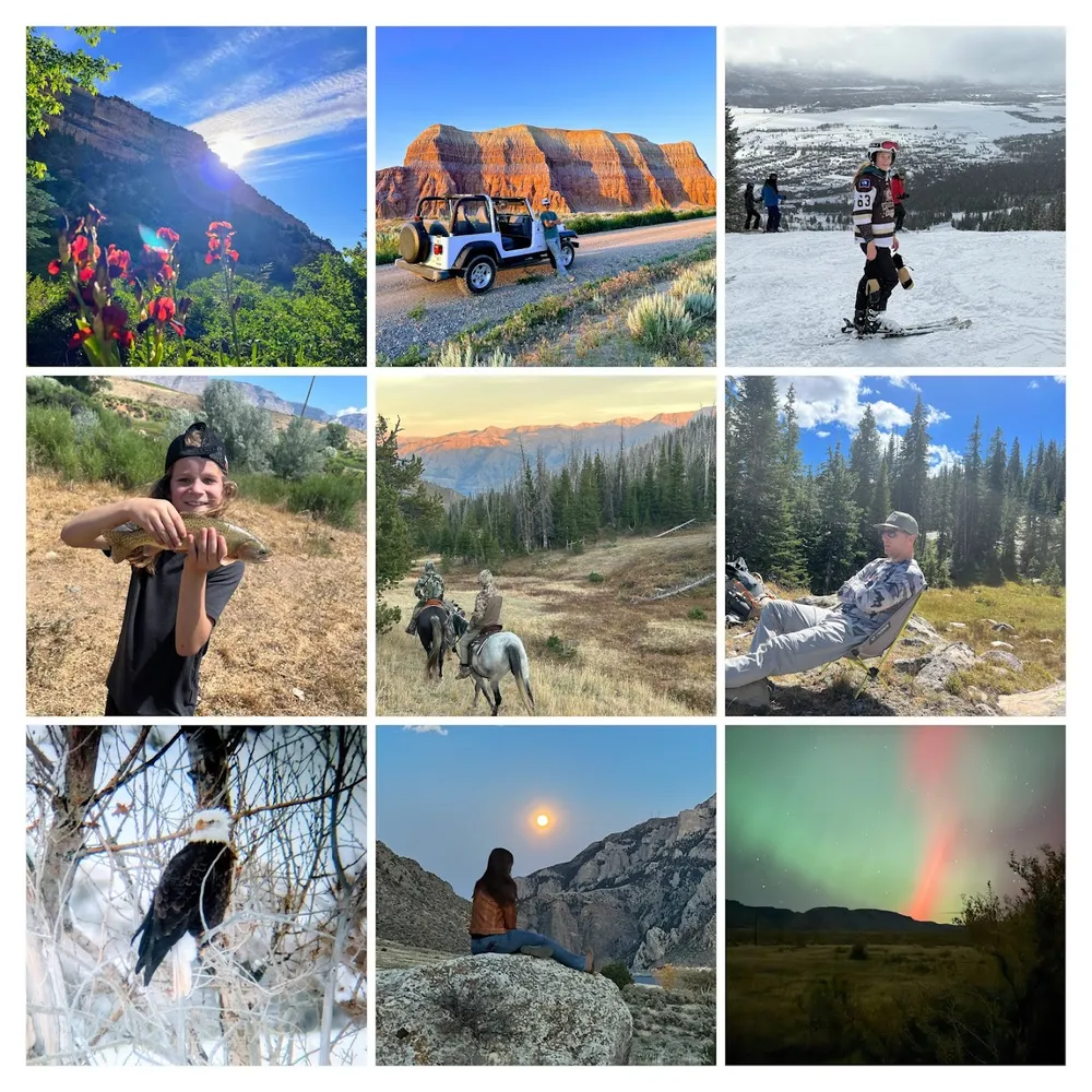 Nine photographs of Wyoming: red flowers below a canyon wall, a white jeep by banded cliffs, Preston skiing in a hockey jersey, Case holding up a trout, two riders at sunrise, Josh in a camp chair among the firs, a bald eagle in a frosted tree, Emily on a rock watching the moon rise over the canyon, and the northern lights over the ranch