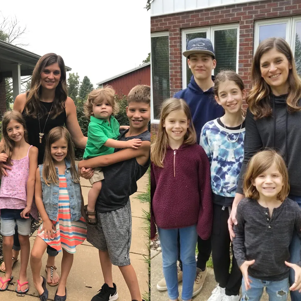 Two first-day photographs side by side: Emily and the four children on the path in year one, and the same five of them five years later, everyone taller